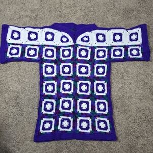 VTG. Handknit Purple and White Crochet Tunic Long Shirt Womens Size S